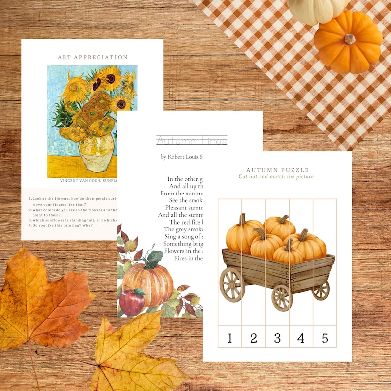 May include: A collection of autumn-themed educational materials on a wooden surface. Includes a print of Van Gogh's sunflowers, a poem titled "Autumn Fires", and a pumpkin puzzle. Decorative pumpkins and fall leaves complete the scene.