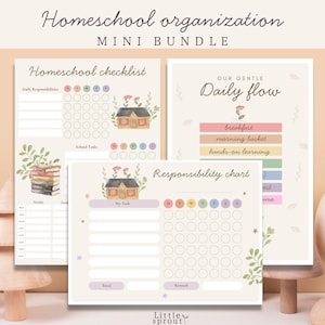 Könnte beinhalten: Ein Mini-Bundle zur Organisation des Homeschoolings mit Checkliste, Tagesablauf und Verantwortlichkeits-Chart. Die Designs zeigen Aquarellillustrationen eines Hauses, Bücher und florale Akzente. Der Text enthält "Homeschool checklist", "Daily Responsibilities".
