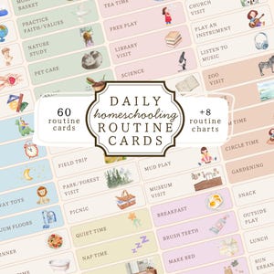 Puede incluir: Un conjunto de 60 tarjetas de rutina diaria para la escuela en casa y 8 gráficos de rutina. Las tarjetas presentan ilustraciones en acuarela y etiquetas de texto para actividades como "Desayuno", "Siesta" y "Visita al museo".