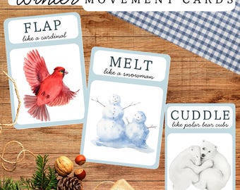 Tarjetas de movimiento de la naturaleza invernal / Tarjetas imprimibles de actividades de motricidad gruesa Montessori / Tarjetas de ejercicios preescolares para la educación en casa / Pausas activas