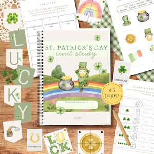 May include: A St. Patrick's Day unit study book with a leprechaun illustration, rainbow, and pot of gold. Includes activity pages, flashcards, and a pencil. The book has 45 pages and is surrounded by decorative elements.