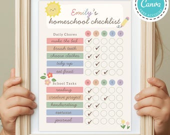 Editable Daily Chores & Homeschool Routine Chart Printable Checklist Homeschool Planner | Canva Template