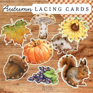 Könnte beinhalten: Herbstliche Schnürkarten mit Blatt, Pilz, Sonnenblume, Igel, Kürbis, Eichel, Trauben und Eichhörnchen. Jede Karte hat Löcher zum Schnüren, ideal für die Entwicklung der Feinmotorik. Die Karten liegen auf einer Holzoberfläche.