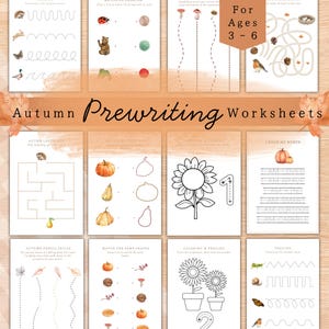 May include: A collection of autumn-themed prewriting worksheets for ages 3-6. The pages feature tracing, matching, and coloring activities with illustrations of animals, pumpkins, and sunflowers. The text includes "Autumn Prewriting Worksheets" and "For Ages 3-6".