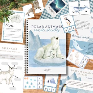 Pode incluir: Um livro em espiral "Polar Animals Unit Study" com uma ilustração em aquarela de um urso polar e seu filhote. Cartões flash educacionais e planilhas com ilustrações de animais polares estão espalhados ao redor do livro.