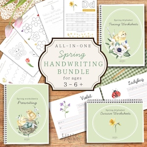 May include: A spring handwriting bundle for ages 3-6, featuring tracing, prewriting, and cursive worksheets. The bundle includes a variety of spring-themed illustrations, such as daffodils, chicks, and ladybugs. The cover of the bundle has the text "ALL-IN-ONE Spring Handwriting Bundle".
