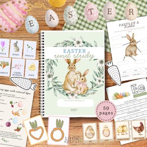 Könnte beinhalten: Ein Ostern-Themenheft mit Spiralbindung, das Illustrationen von Hasen und Blumen zeigt. Enthält Karteikarten, Arbeitsblätter und dekorative Eier. Die Studie hat 50 Seiten. Der Titel lautet 'Easter Unit Study'.