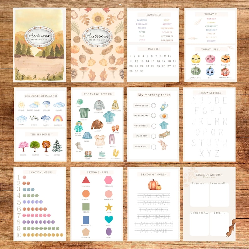 May include: A collection of printable autumn-themed educational cards. The cards feature watercolor illustrations and text for learning about the weather, numbers, shapes, letters, and daily routines. The cards are designed for children.
