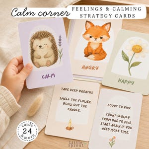 May include: A set of 24 Calm Corner Feelings & Calming Strategy Cards featuring watercolor illustrations of a hedgehog, a fox, and a flower. The cards display text including Calm, Angry, Happy, Take Deep Breaths, and Count to Five with instructions.
