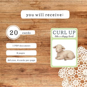 May include: A wooden surface displays a set of cards with the text "CURL UP like a sleepy lamb" and an illustration of a lamb. The image also includes the text "you will receive: 20 cards, 1 PDF document, 6 pages, A4 size, 4 cards per page."