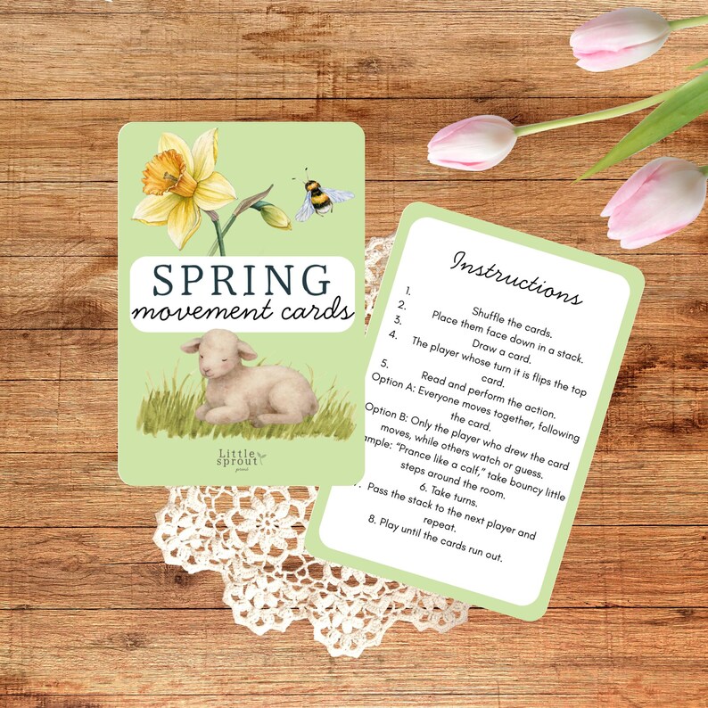 May include: Spring movement cards with illustrations of a daffodil, a bee, and a lamb. The cards have instructions for a movement game. The text on the card reads "Spring movement cards".