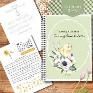 Puede incluir: Hojas de trabajo de trazado con temática primaveral para niños de 3 a 6 años. La portada presenta una ilustración de acuarela de un pollito y flores, con el texto "Spring Alphabet Tracing Worksheets". Páginas adicionales incluyen práctica de escritura con la letra "D".