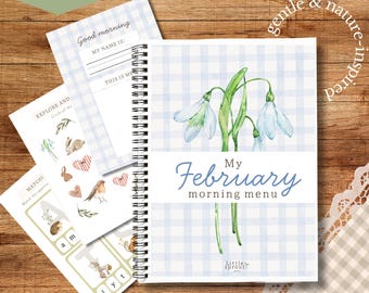 May include: A spiral-bound notebook with a blue gingham cover and the text "My February morning menu." Includes matching activity sheets with illustrations of animals and the text "Explore and Circle all the" and "Match the upper." The notebook is for ages 3-6.