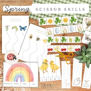 Puede incluir: Una colección de hojas de actividades de habilidades con tijeras con temática de primavera. Incluye imágenes de orugas, mariposas, abejas, mariquitas, arcoíris, patos y otros elementos primaverales. El texto "Spring" y "Scissor Skills" son visibles.