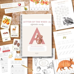 May include: An alphabet study workbook titled "Letter of the Week: Aa" with a pink "A" and a squirrel illustration. Includes flashcards with words like "apple" and "antelope", and tracing exercises. The workbook is spiral-bound.