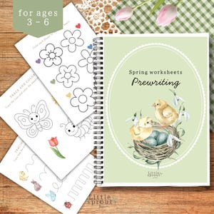 Pode incluir: Um caderno em espiral intitulado "Spring Worksheets Prewriting" com uma capa verde clara com ilustrações de pintinhos num ninho. Várias folhas de trabalho com atividades de traçado e coloração são visíveis, projetadas para crianças de 3 a 6 anos.