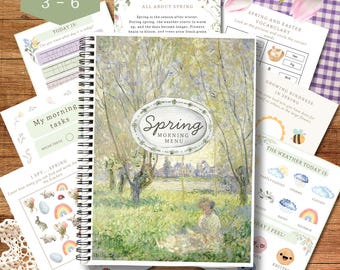 May include: A spiral-bound activity book with a spring-themed cover featuring a Monet-style painting. The book includes pages with the text "Spring Morning Menu", "My morning tasks", and "I Spy - Spring". Additional pages include spring vocabulary and weather charts.