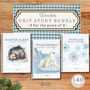 May include: A bundle of three spiral-bound unit study books with winter themes. The titles are "Winter Sleep", "Polar Animals", and "Snowflake". The cover art features a bear, polar bears, and snowflakes. The bundle includes 140 pages.