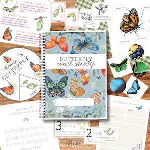 May include: A spiral-bound "Butterfly Unit Study" notebook with a blue floral cover featuring butterfly illustrations. Accompanying cards show butterfly life cycle stages, handwriting practice, and a butterfly journal. Educational materials for learning about butterflies.