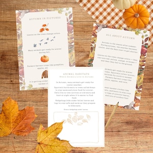 May include: Three educational autumn-themed cards with text and illustrations, including pumpkins, leaves, and animals. The cards are on a wooden surface with fall leaves and pumpkins.