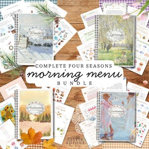 Op de afbeelding: Een complete set ochtendmenu's voor de vier seizoenen met vier spiraalgebonden boekjes getiteld Winter, Spring, Summer en Autumn. Elk boekje toont seizoensgebonden kunst op de omslag, omringd door diverse educatieve werkbladen en activiteiten.