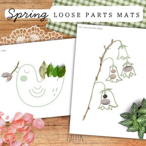 Puede incluir: Dos hojas de papel blancas con ilustraciones de primavera. Una presenta un contorno de pájaro lleno de hojas y piedras, la otra representa una flor con piedras en su interior. Las palabras "Spring" y "Loose Parts Mats" están en la parte superior.