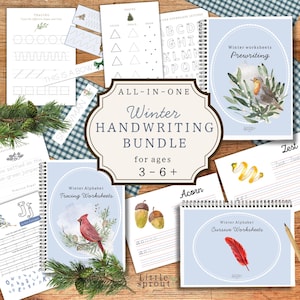 Winter Handwriting Worksheets BUNDLE PDF | Preschool & Kindergarten Prewriting, Letter Tracing, Cursive Practice | Homeschool Learn to Write