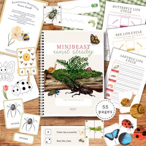 Puede incluir: Un conjunto de materiales educativos para niños, con un cuaderno de espiral titulado "MINIBEAST unit study". La imagen incluye hojas de actividades, tarjetas didácticas e ilustraciones de insectos, mariposas y abejas. El conjunto incluye 55 páginas.