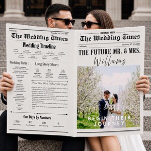 Könnte beinhalten: Eine Hochzeitsanzeige im Zeitungsstil mit dem Titel "The Wedding Times" und der Überschrift "The Future Mr. & Mrs. Williams". Sie enthält einen Hochzeitszeitplan, Party-Details und ein Foto des Paares. Das Datum ist der 20. März 2027.