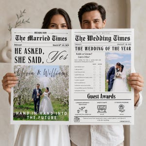 Può includere: Un annuncio di matrimonio in stile giornale con il titolo "The Married Times". La prima pagina recita "He asked, she said yes" con i nomi Olivia & Williams. La seconda pagina è intitolata "The Wedding of the Year".