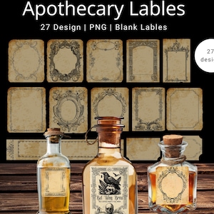 Könnte beinhalten: Bild von Apothekenetiketten mit 27 Designs. Das Bild zeigt Etiketten im Vintage-Stil mit verzierten Rahmen und drei Glasflaschen mit Korken. Eine Flasche trägt die Aufschrift "Bat Wing Brew".