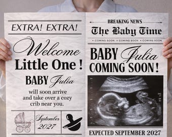 Newspaper Baby Announcement | Pregnancy Announcement Newspaper Template| New Baby Reveal Printable | Canva Editable Baby Shower Announcement