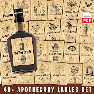 Op de afbeelding: Apotheker-thema set met een donkere fles met het label "Do Not Drink" en diverse labels in vintage stijl met griezelige illustraties en tekst als "Poison" en "Zombie Juice". De set bevat een PDF-bestand.