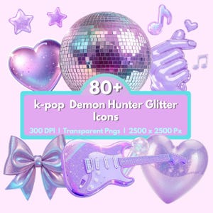 May include: A collection of glittery, pastel-colored icons, including a disco ball, musical notes, hearts, stars, a bow, and a guitar. The image includes the text "80+ k-pop Demon Hunter Glitter Icons".