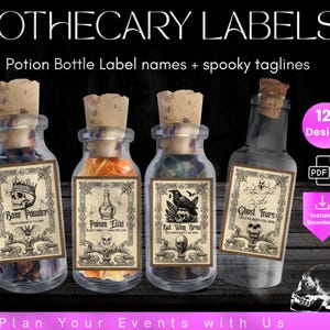 Puede incluir: Cuatro botellas de boticario con tapones de corcho y etiquetas vintage. Las etiquetas presentan nombres espeluznantes como "Bone Powder" y "Ghost Tears" con ilustraciones de calaveras y murciélagos. El texto "Plan Your Events with Us" está en la parte inferior.