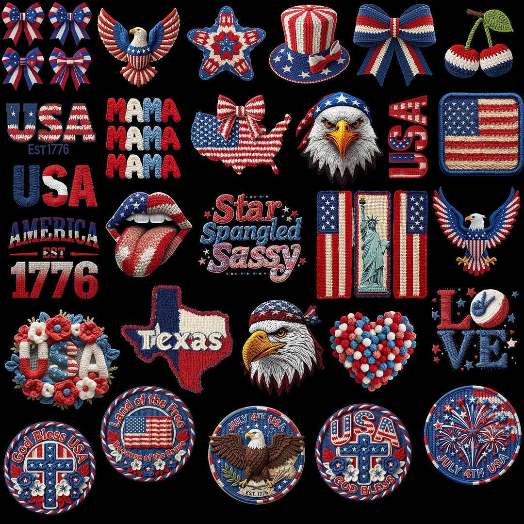 4th of July PNG Bundle, Faux Yarn USA Flag, Coquette Bow, American Mama ...