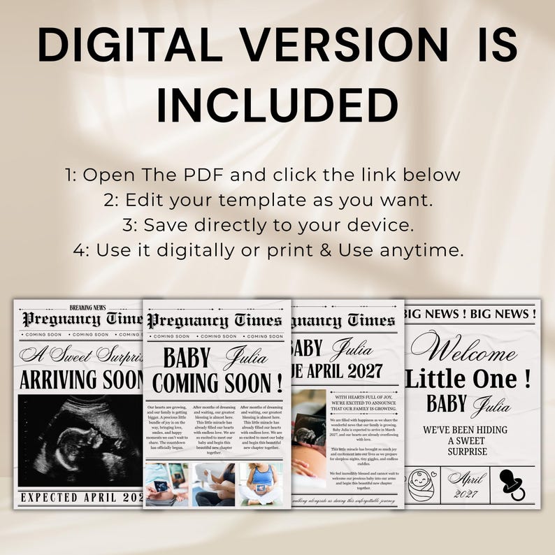 Newspaper Pregnancy Announcement Template, Canva Editable Baby Reveal ...