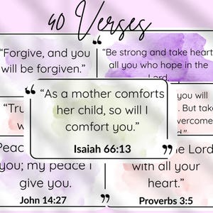 May include: A collection of cards with inspirational quotes from the Bible. Each card features a quote in a black font, set against a watercolor background in shades of purple, pink, and white. The words "40 Verses" are written at the top.