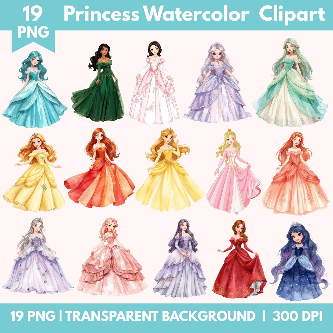Princess Watercolor Clipart Bundle, Fairytale Character Pngs (digital ...