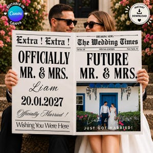 Könnte beinhalten: Eine Hochzeitszeitungs-Vorlage mit dem Titel The Wedding Times, die den Text Officially Mr. & Mrs. Liam 20.01.2027 und Future Mr. & Mrs. sowie ein Foto eines Paares vor einer blauen Tür zeigt. Das Design besteht aus schwarzem Text auf Weiß.