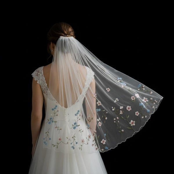 Hand Embroidery Forget Me Not and Peach Blossom Bridal Veil | Spring Floral Wedding Headpiece