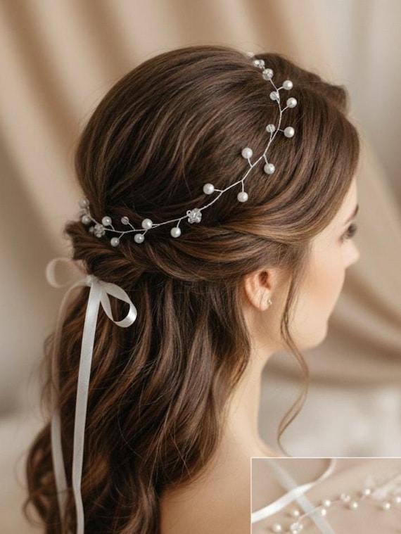 Crystal Wedding Hair Vine With Satin Ribbon - Bridal  display picture 3
