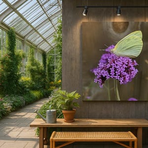 May include: A botanical garden scene with a wooden bench, potted plants, and a framed picture of a butterfly on purple flowers. The background features a greenhouse with lush greenery and a stone pathway.