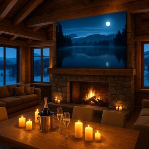 May include: A cozy cabin interior with a fireplace, lit candles, and a dining table set for a gathering. A large painting of a moonlit lake hangs above the fireplace. The room has large windows with a view of a snowy landscape.