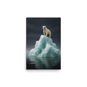 May include: A polar bear stands atop a light blue iceberg in a dark, overcast environment. The bear is white, and the water reflects the sky. The image evokes a sense of isolation and environmental awareness.
