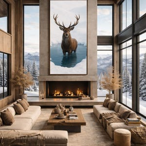 May include: A cozy living room with a large framed artwork of a deer standing in water. The room features a fireplace, comfortable sofas, and large windows offering a view of a snowy landscape.