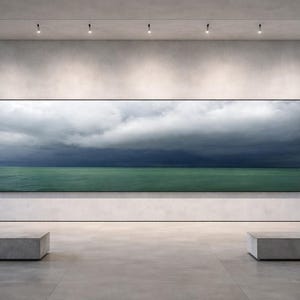 May include: A large, rectangular landscape painting depicting a stormy sky over a teal-colored sea. The artwork is displayed on a white wall in a modern gallery setting, with two concrete benches in front.