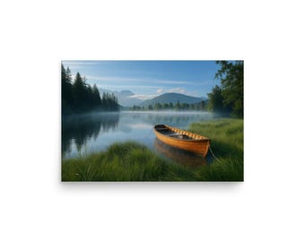 May include: A scenic landscape print featuring a wooden rowboat resting on the edge of a calm lake. The water reflects the surrounding trees and mountains under a blue sky. Lush green grass and a misty atmosphere add to the serene scene.