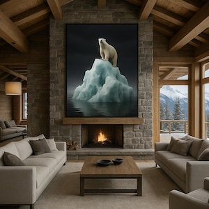 May include: A cozy living room with a large framed artwork above a fireplace. The artwork depicts a polar bear on an iceberg. The room features light-colored sofas, a wooden coffee table, and large windows offering a mountain view.