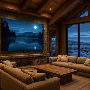 May include: A cozy living room with a large landscape painting of a moonlit lake and mountains. The room features a stone fireplace, wooden beams, and a large window overlooking a snowy landscape. Two brown sofas and a wooden coffee table complete the scene.